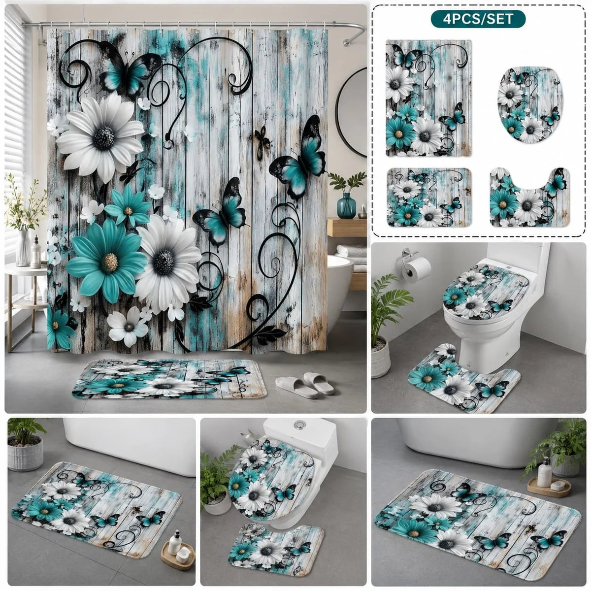 Floral Butterfly Bathroom Shower Curtain Set Rugs Toilet Lid Cover