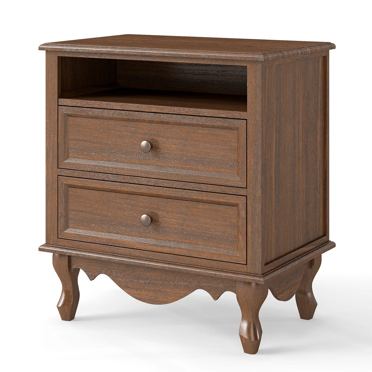 Solid Wood Nightstand, Fully Assembled Night Stand with 2 Drawer & Open Shelf Storage, Bedside Table with Charging Station, Mid-Century Modern End Table for Bedroom