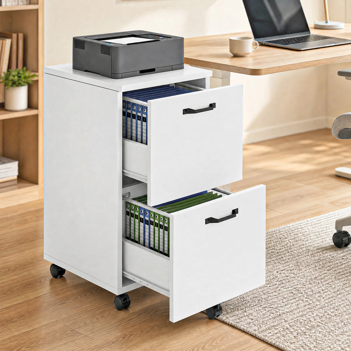 JHK Wooden Rolling File Cabinet With Drawers And Lockable Wheels