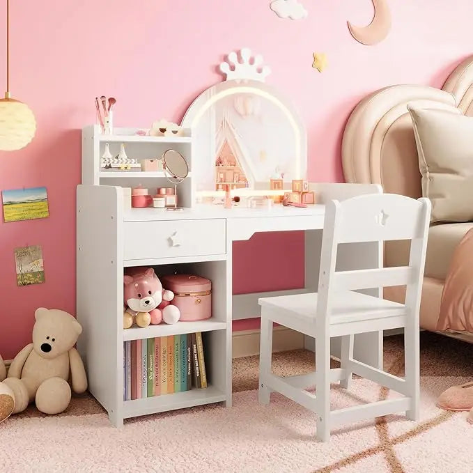 HiMISS Kids Vanity Desk With Lights And Bookshelf Chair Set