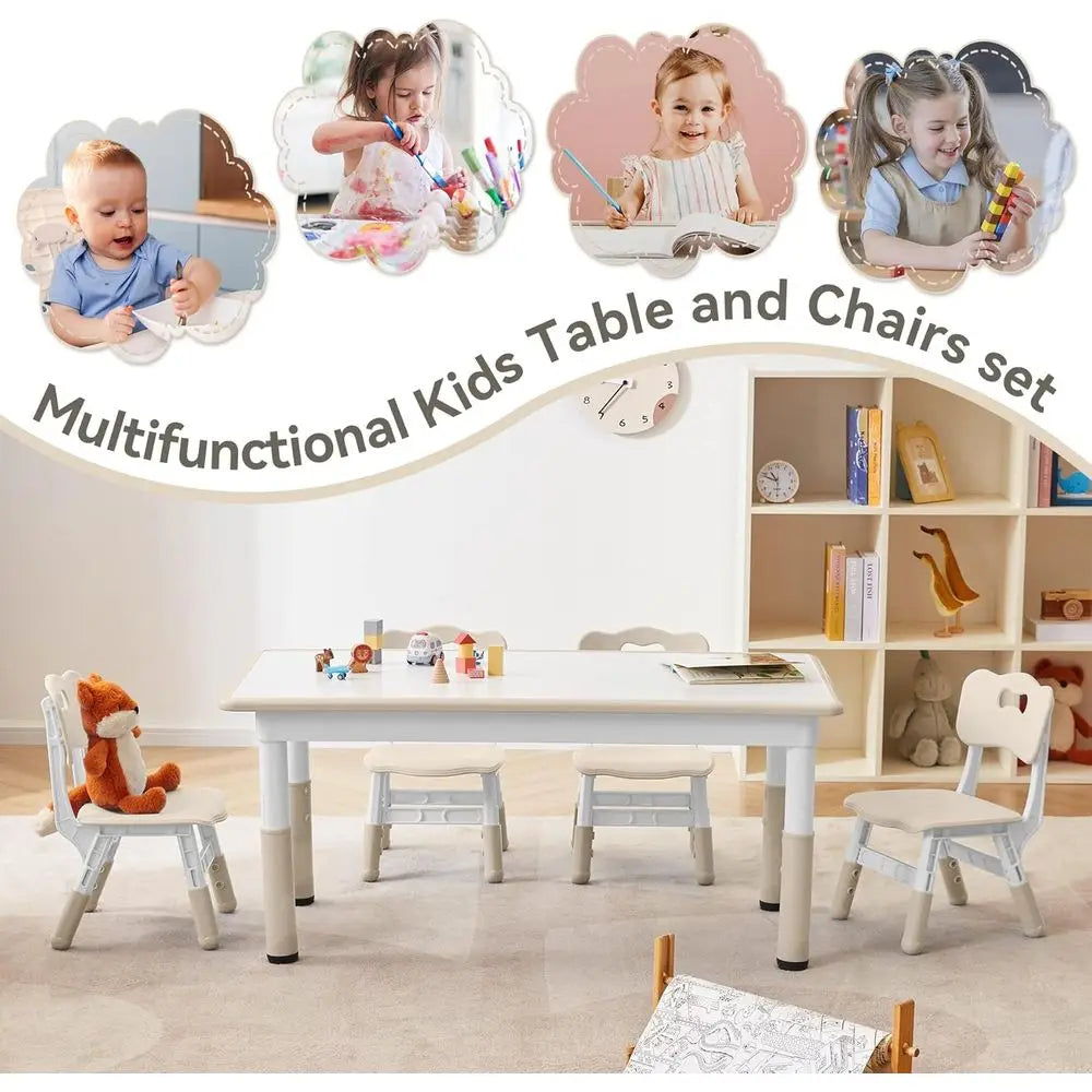Kids Study Table and Chairs Set, Height Adjustable Toddler Table and Chair Set or Kids Ages 3-8, Graiti Desktop (Burlywood - 1)