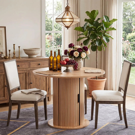 HiMISS Farmhouse Wooden Dining Table With Center Storage Pedestal