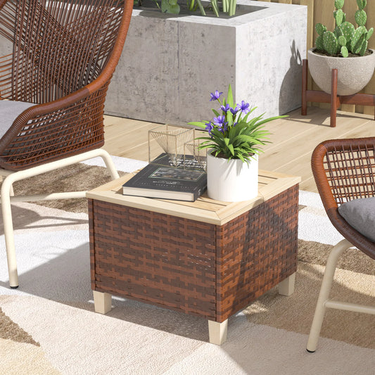 Outsunny Outdoor Side Table With PE Rattan And Wood Top