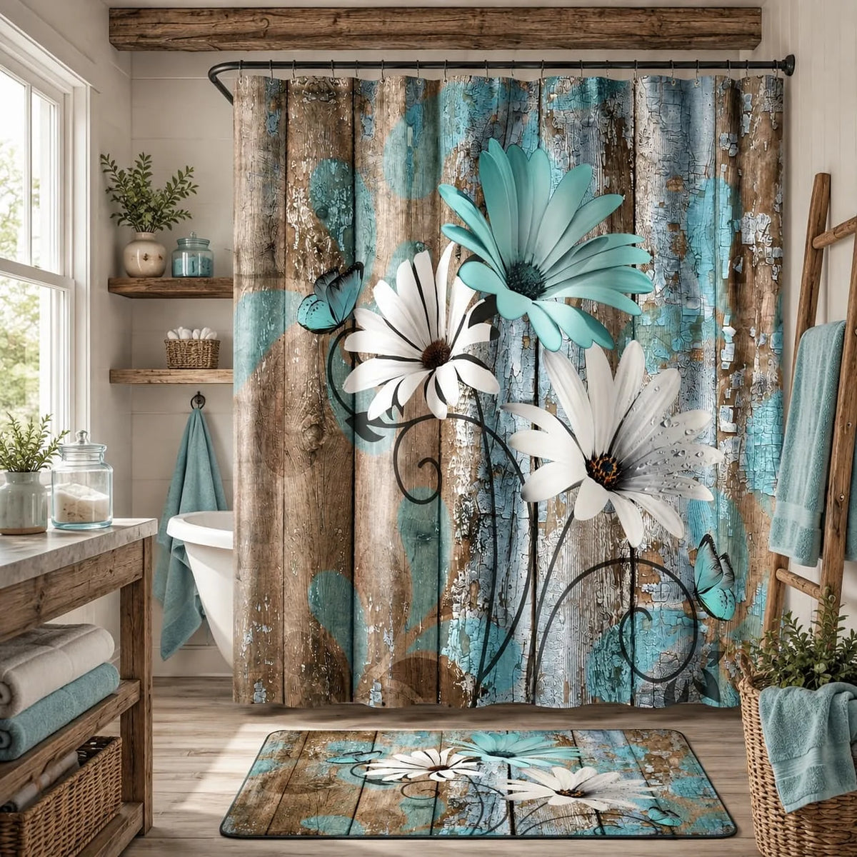 Farmhouse Floral Garden Shower Curtain with Hooks for Rustic Bathrooms