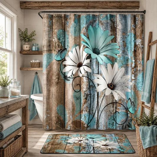 Farmhouse Floral Garden Shower Curtain with Hooks for Rustic Bathrooms