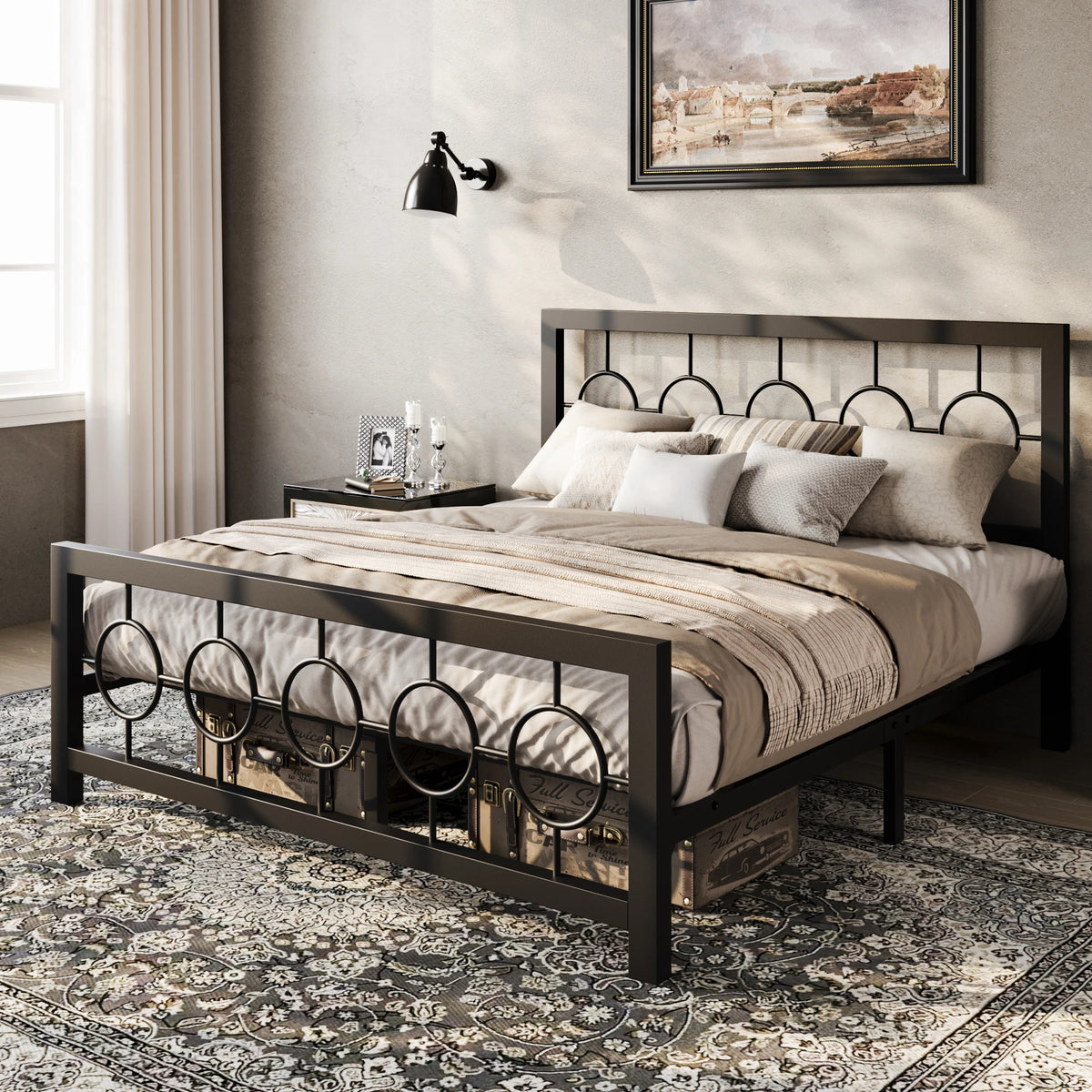 HOOMIC Metal Platform Bed Frame with Vintage Circular Design Headboard and Footboard, Extra Under-Bed Storage Allewie
