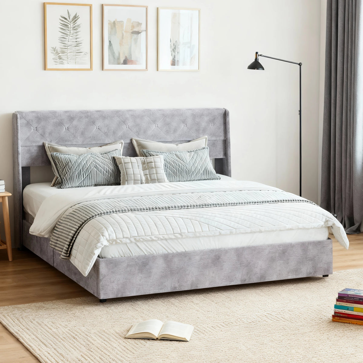 MCQ Upholstered Lift Up Storage Bed Frame With Wingback Headboard