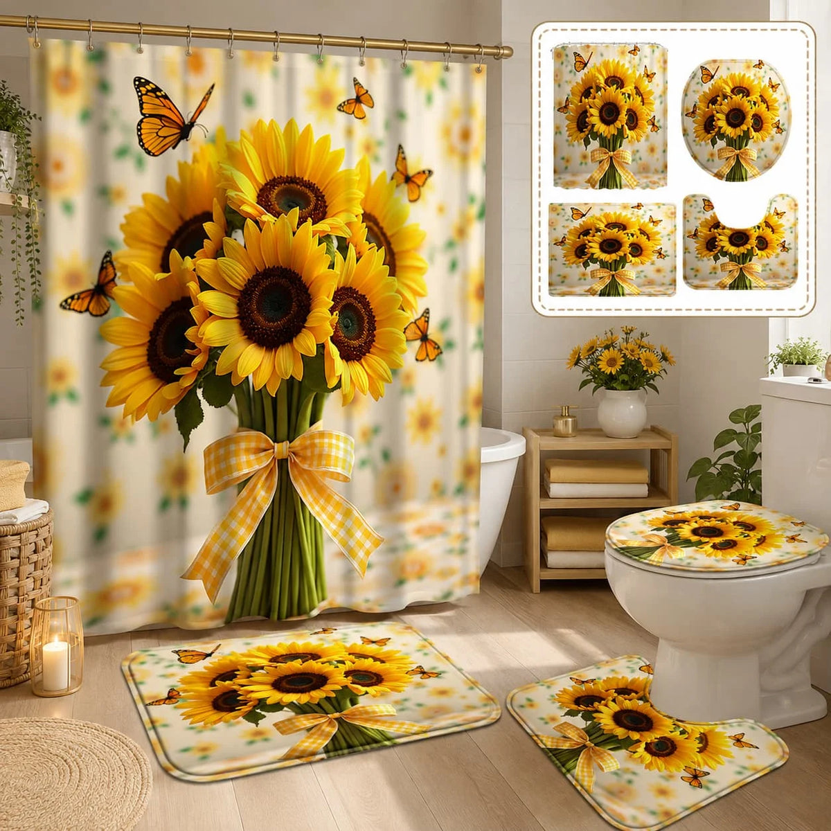 Sunflower Butterfly Printed Shower Curtain Set With Hooks And Mats