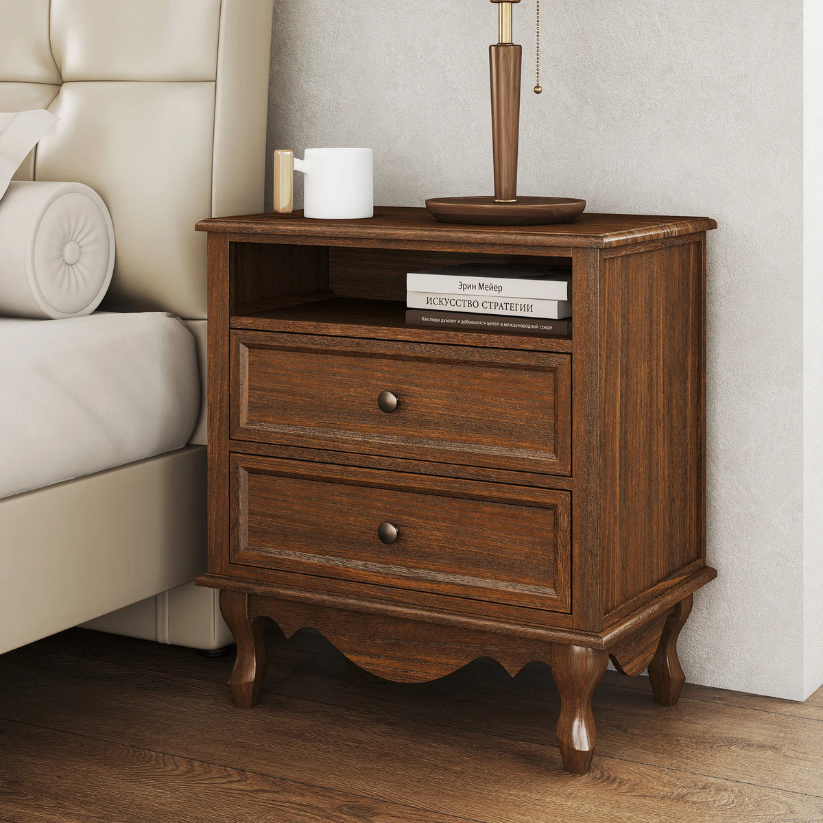 Solid Wood Nightstand, Fully Assembled Night Stand with 2 Drawer & Open Shelf Storage, Bedside Table with Charging Station, Mid-Century Modern End Table for Bedroom