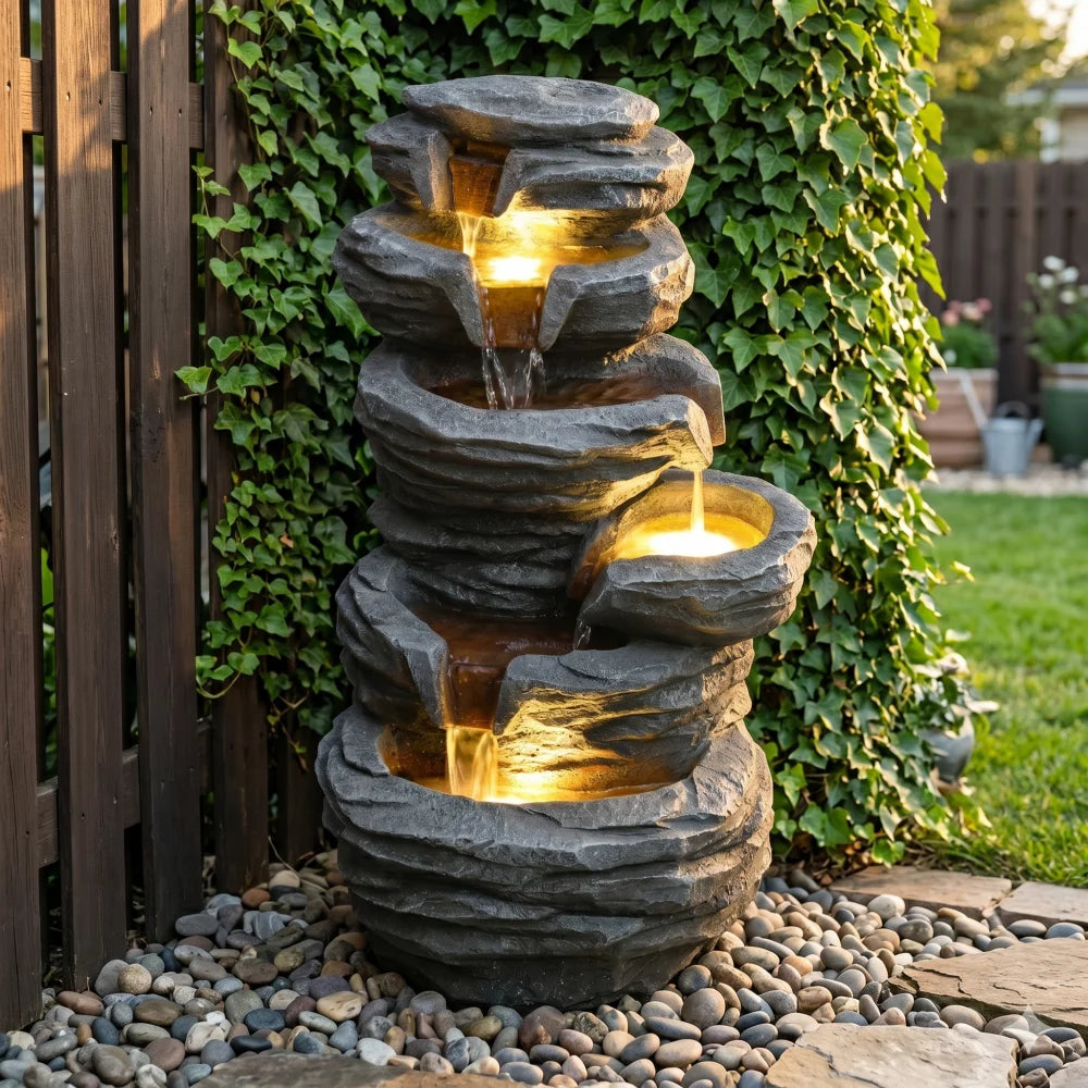 Outdoor Cascading Waterfall Fountain with Lights for Garden Decor