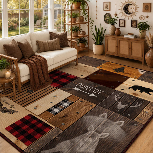 Rustic Woodland Wildlife Plaid Velvet Machine Washable Area Rug