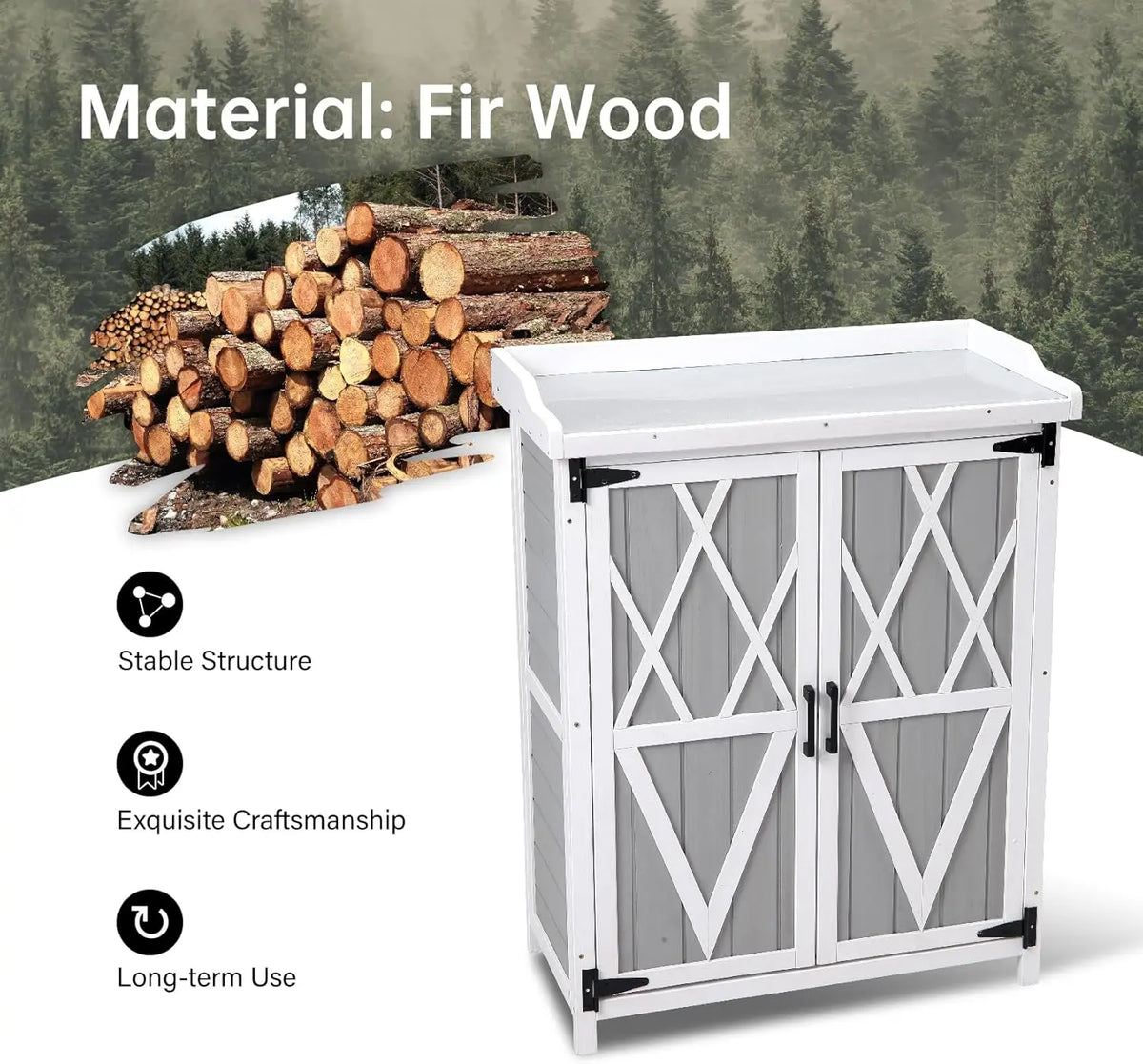 Fir Wood Iron Garden Work Table with Outdoor Storage Cabinet