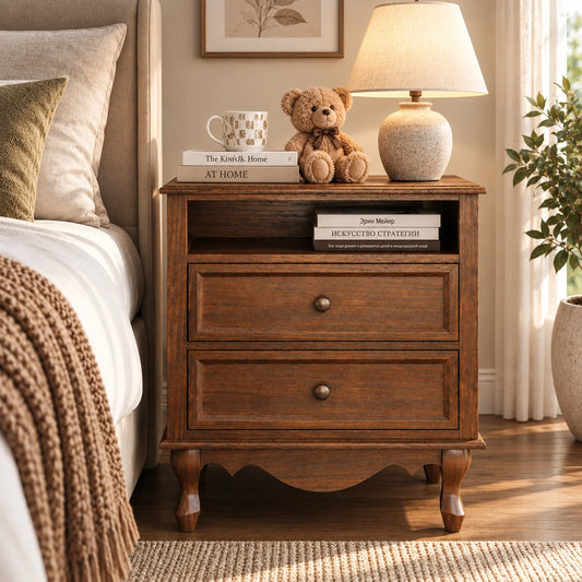 Solid Wood Nightstand, Fully Assembled Night Stand with 2 Drawer & Open Shelf Storage, Bedside Table with Charging Station, Mid-Century Modern End Table for Bedroom