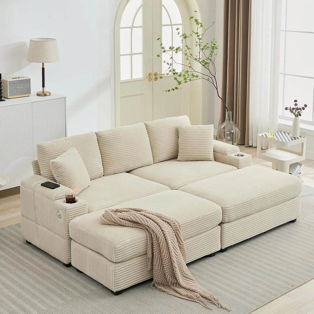 Oversized Double Chaise Lounge With Ottomans And Storage Cup Holders