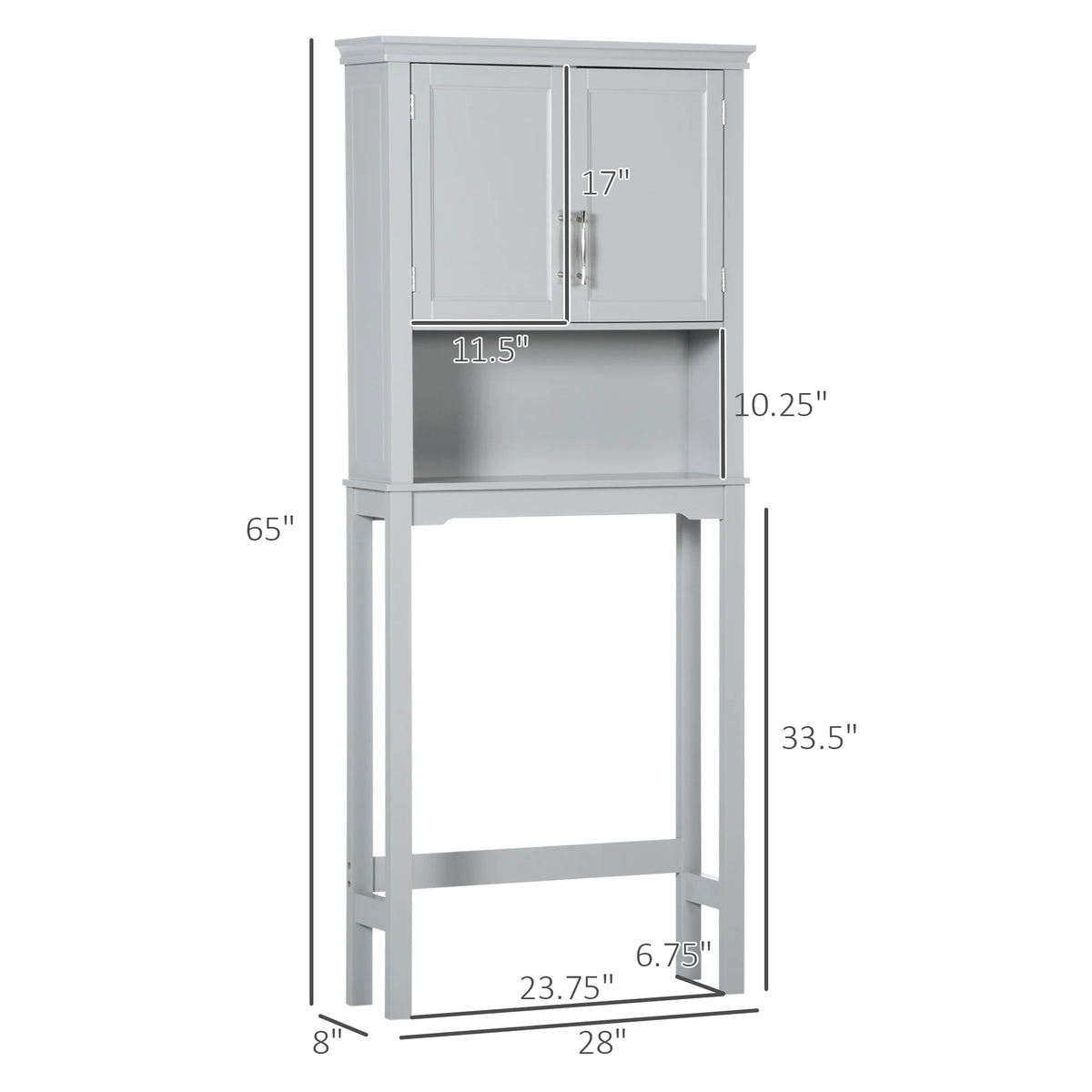 Kleankin Modern over the Toilet Storage Cabinet, Double Door Bathroom Organizer with Inner Adjustable Shelf and Open Shelf, Grey