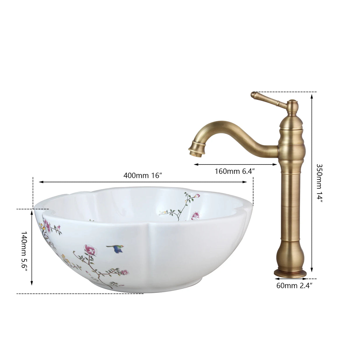 MEKKHALA Floral Ceramic Vessel Sink Set With Waterfall Faucet Combo