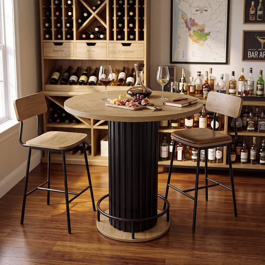 31.5 Inch Round Bar Table, 39.4 Inch High Bistro Pub Table With Iron Wave Base, Footrest, Wood Grain Top For Small Spaces Home
