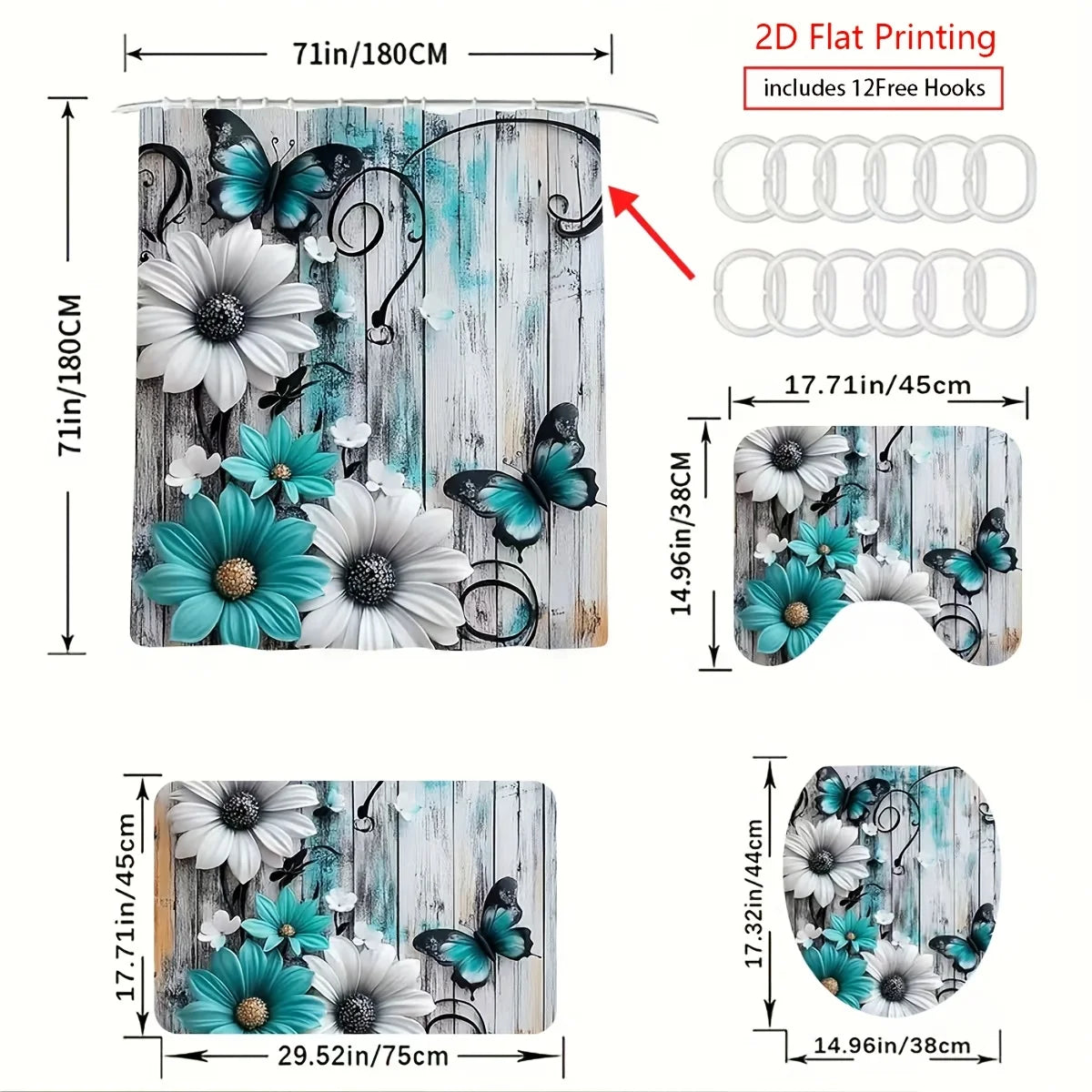 Floral Butterfly Bathroom Shower Curtain Set Rugs Toilet Lid Cover