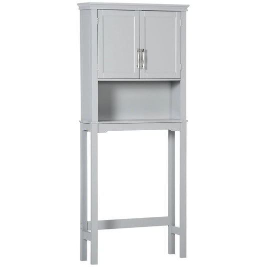 Kleankin Modern over the Toilet Storage Cabinet, Double Door Bathroom Organizer with Inner Adjustable Shelf and Open Shelf, Grey