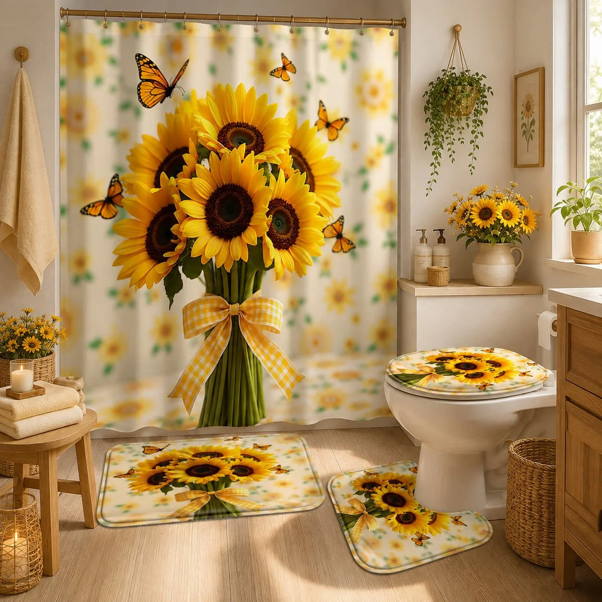 Sunflower Butterfly Printed Shower Curtain Set With Hooks And Mats