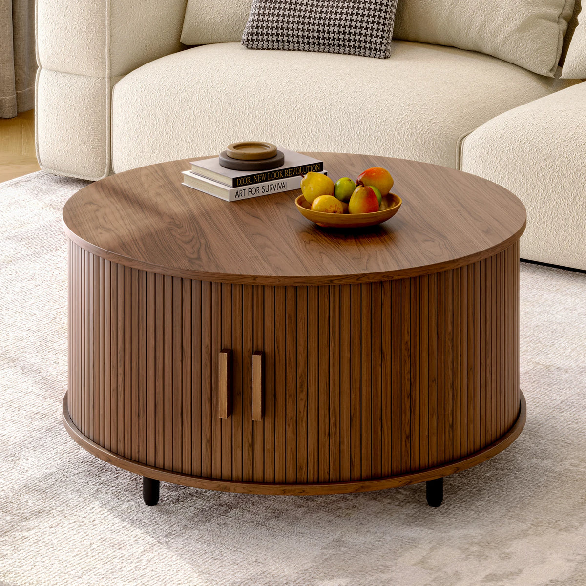 ONBRILL Round Coffee Table With Storage And Curved Sliding Door