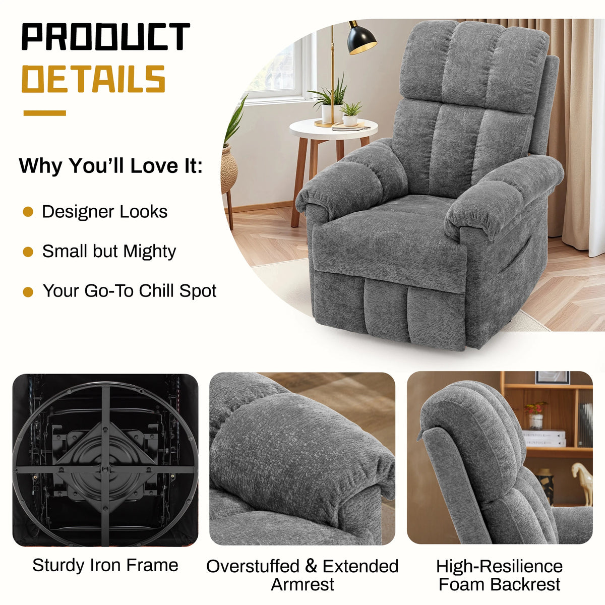 KORSER Swivel Rocker Recliner Chair with Side Pockets