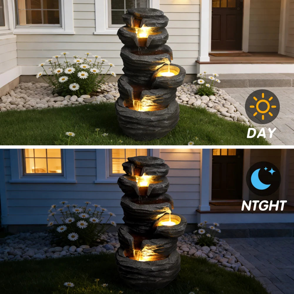 Outdoor Cascading Waterfall Fountain with Lights for Garden Decor