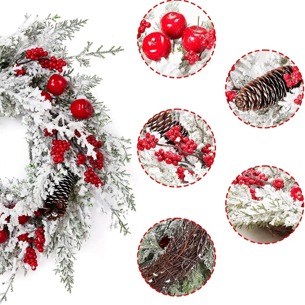 Garvee Snow Flocked Christmas Wreath With Pinecones And Berries