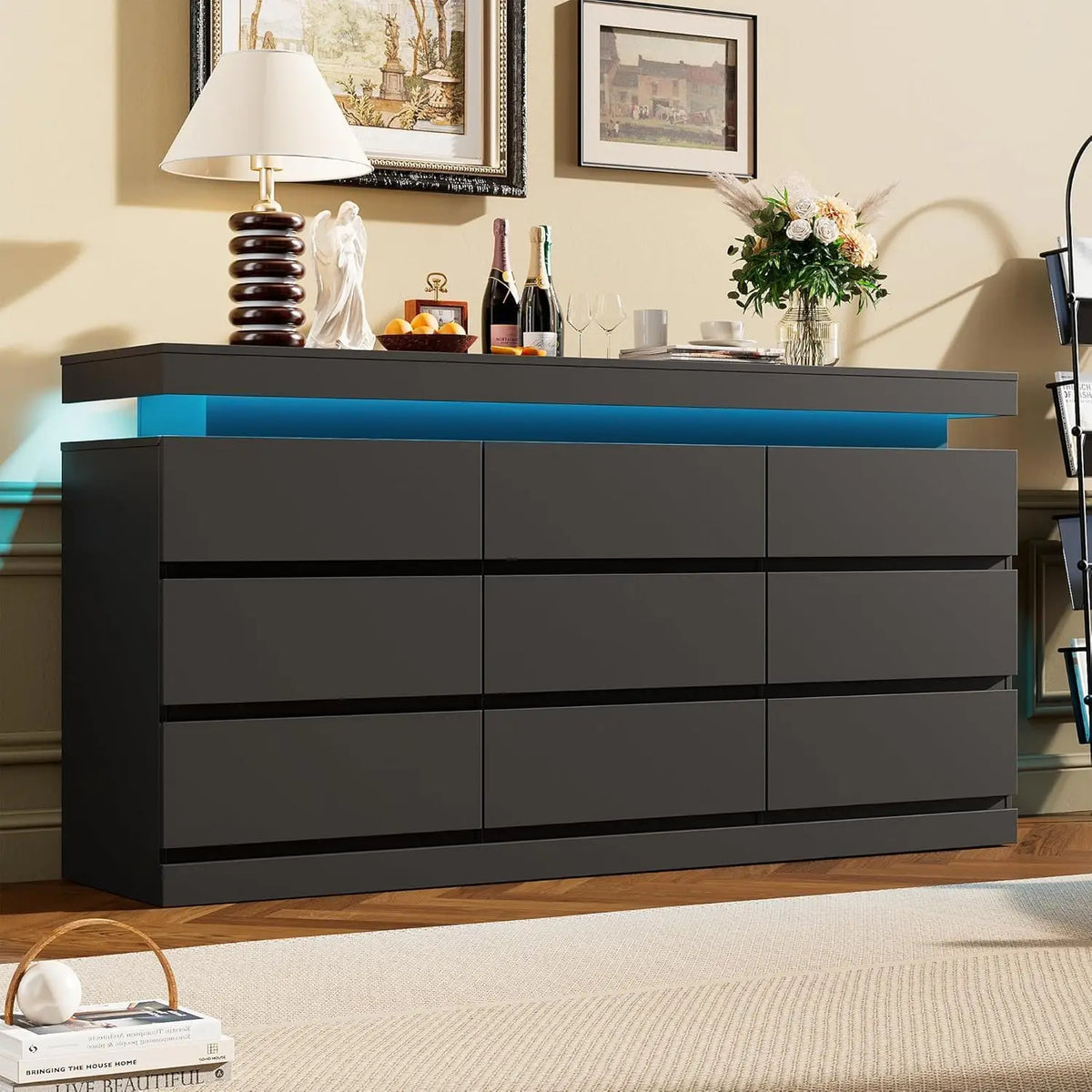 63in 9 Drawer Dresser With LED Lights & Charging Station, Wide Bedroom Chest TV Stand Console For Living Room Entryway Hallway