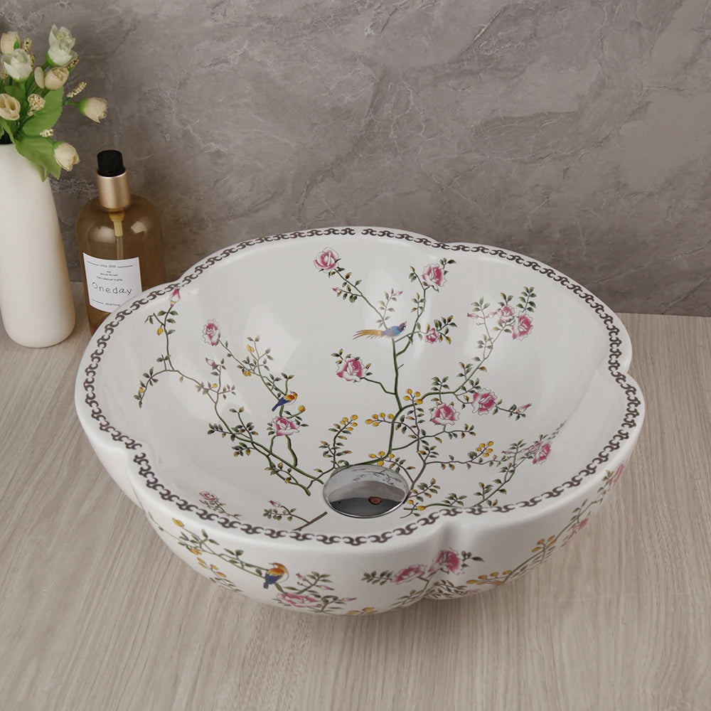 MEKKHALA Floral Ceramic Vessel Sink Set With Waterfall Faucet Combo