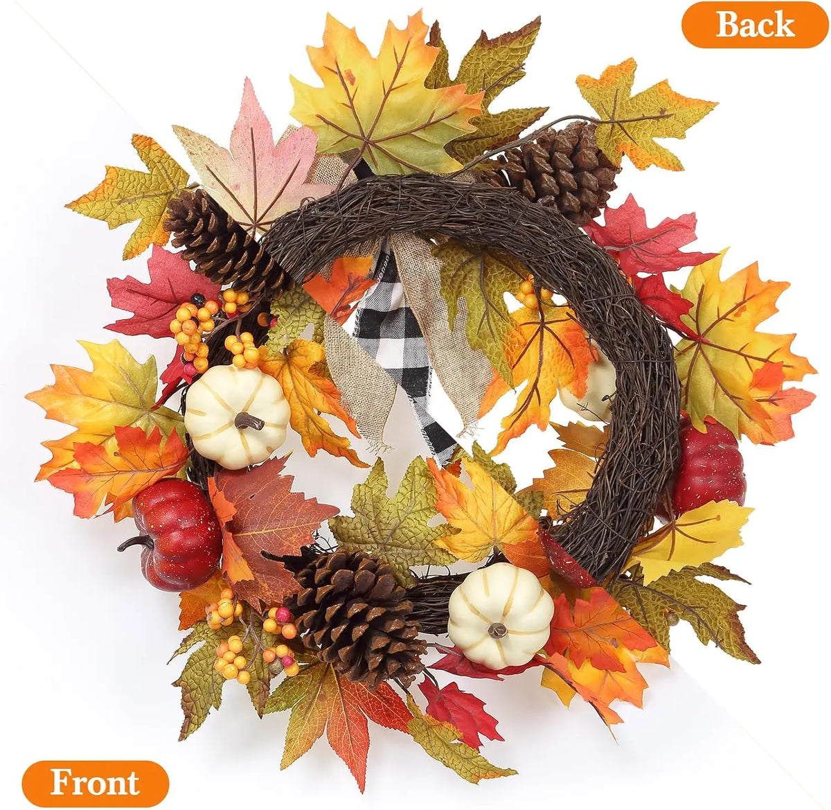 Garvee Autumn Pumpkin Wreath With Harvest Foliage For Door Decor