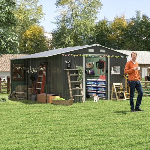 10x12 Ft Outdoor Storage Shed, Extra Large Metal Shed with Lockable Doors, Windows, Outside Steel Tiny House Ideal for Garden