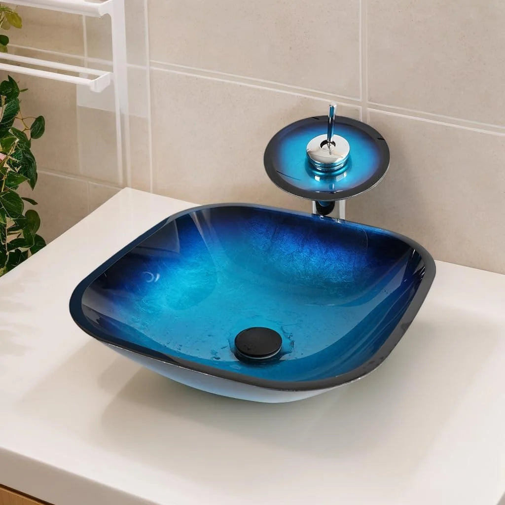KEMAIDI Artistic Vessel Sink -17 Inch Square Tempered Glass Bowl with Faucet Drain Combo for Above Counter Bathroom Vanity Blue