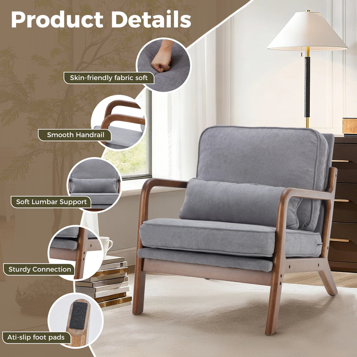 JHK Mid Century Wooden Accent Chair With Arms And Cushion
