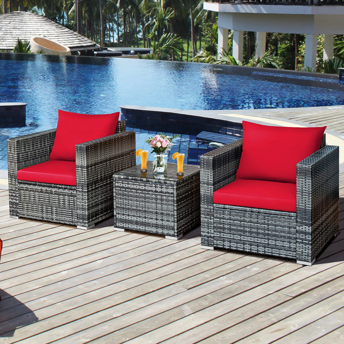 HOMASIS Outdoor Rattan Bistro Furniture Set With Cushioned Seating