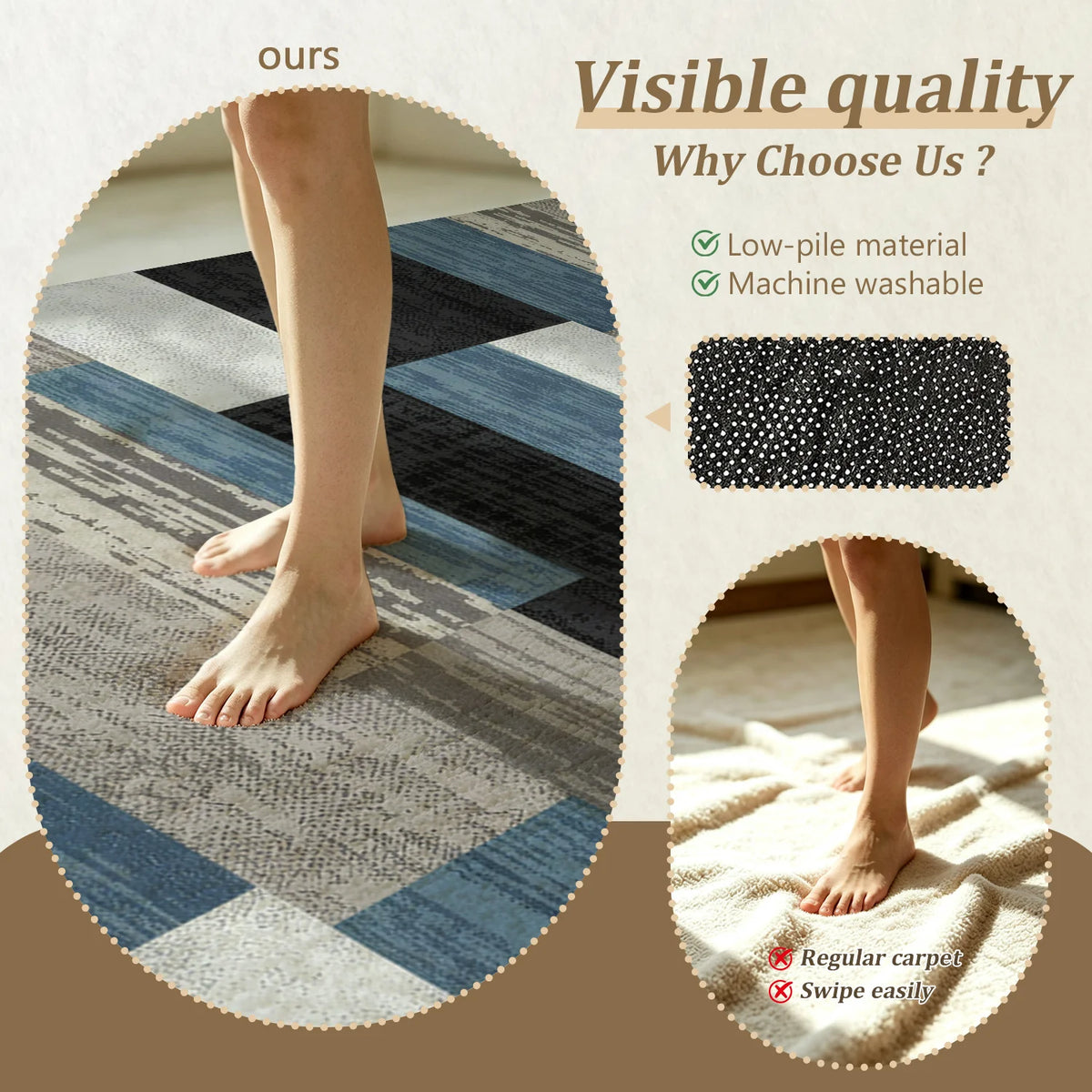 Washable Velvet Low Pile Area Rug With Non Slip Backing