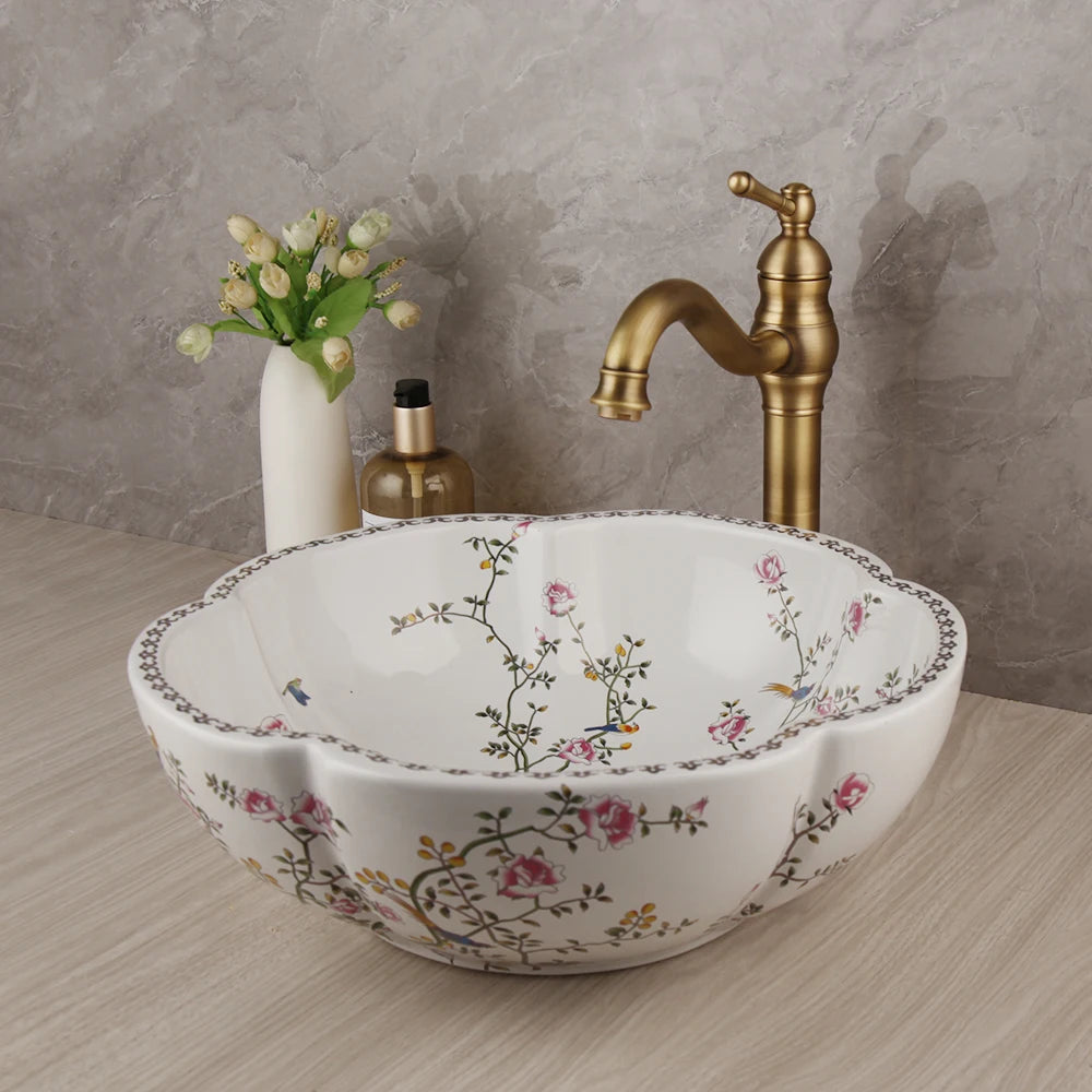 MEKKHALA Floral Ceramic Vessel Sink Set With Waterfall Faucet Combo