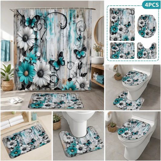 Floral Butterfly Bathroom Shower Curtain Set Rugs Toilet Lid Cover