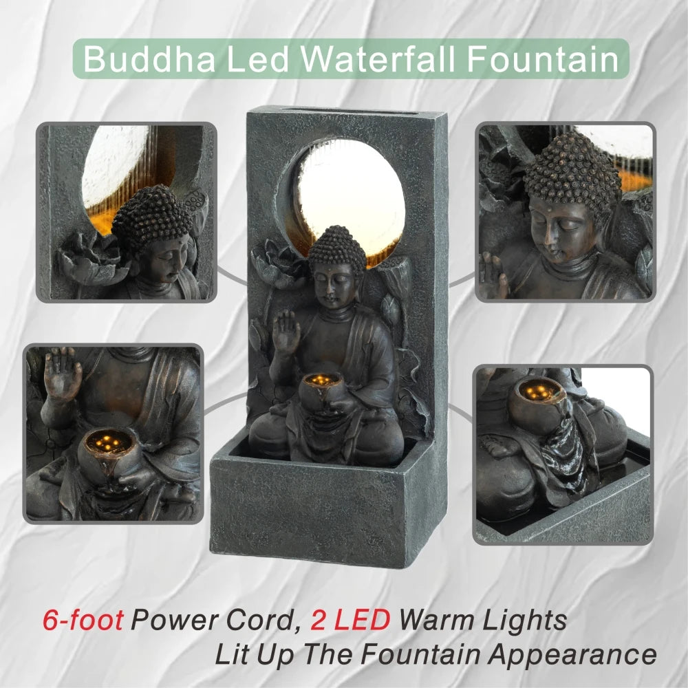Zen Buddha Waterfall Fountain with LED for Garden Patio Decor
