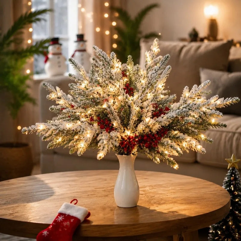 Artificial Norfolk Pine Branches With Red Berries for Holiday Decor