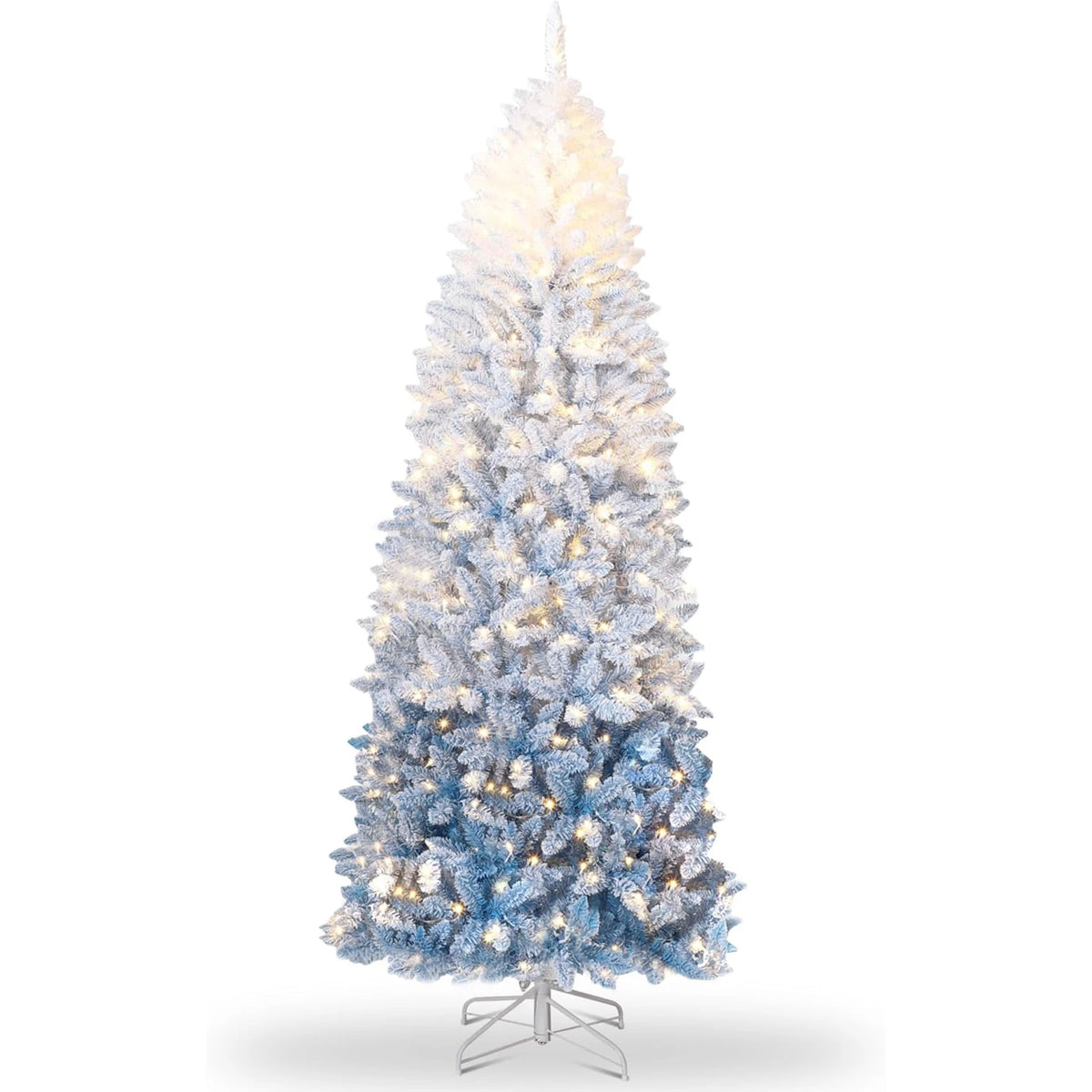 6FT/7.5FT Snow Flocked Pencil Christmas Tree Slim Artificial Christmas Tree Skinny Xmas Tree Holiday Decoration Blue Gradient