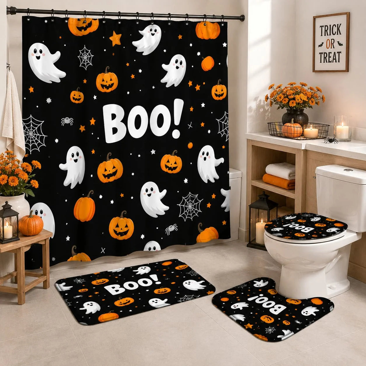 Halloween Pumpkin Ghost Bathroom Shower Curtain Set With Toilet Covers