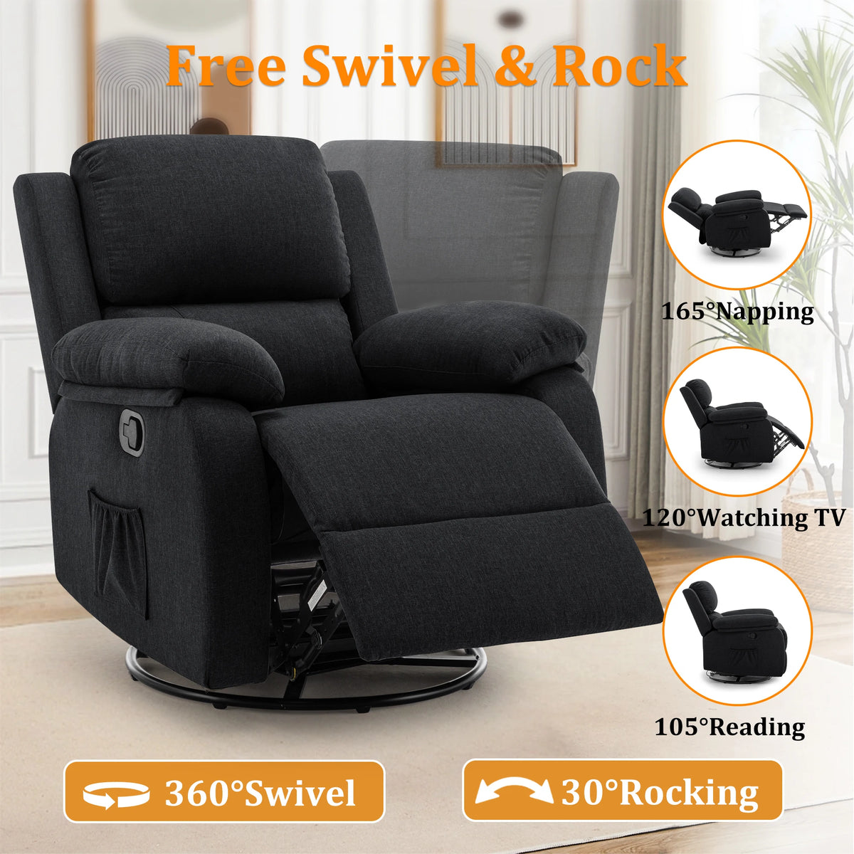 Korser Upholstered Swivel Rocker Recliner Chair for Home Furniture
