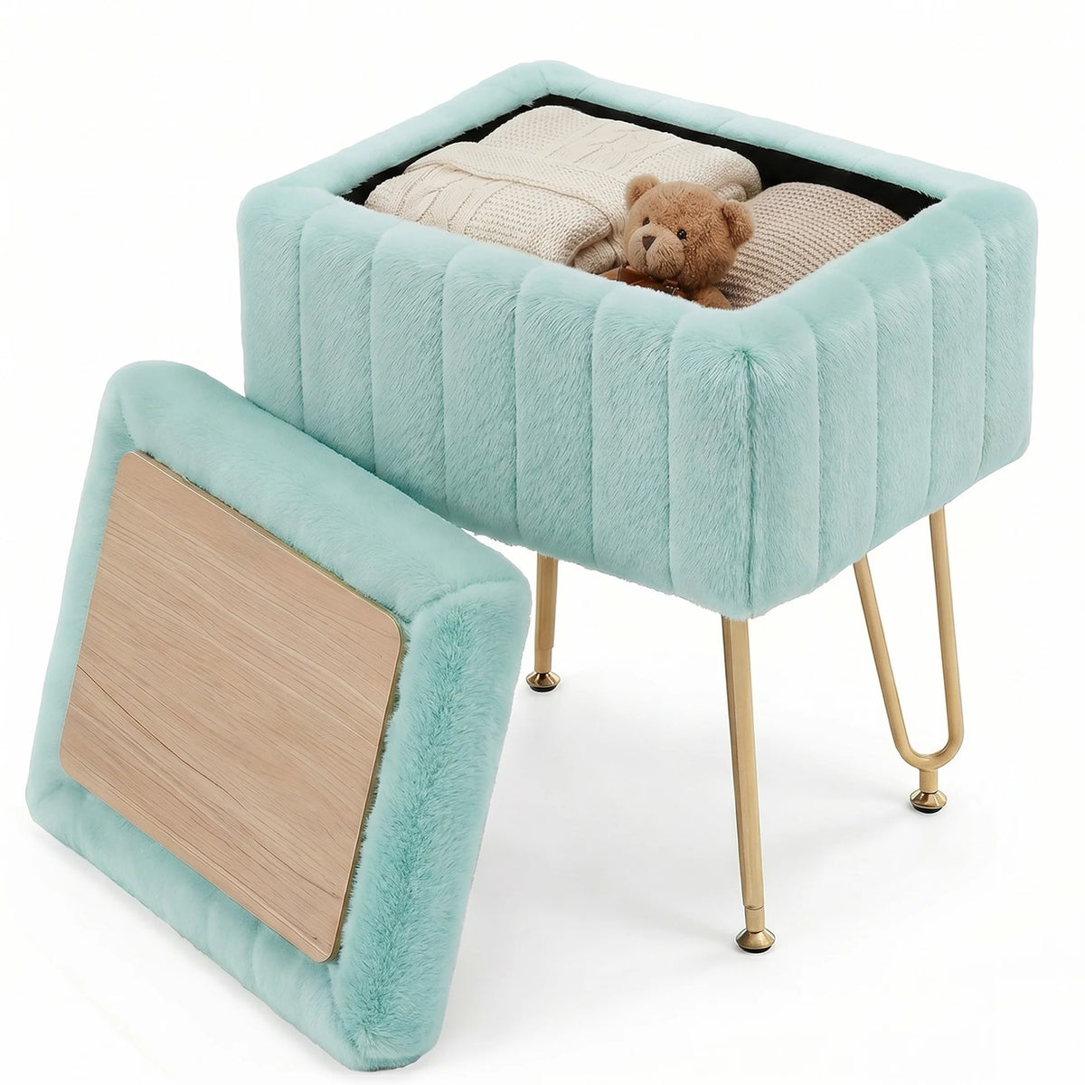 JHK Faux Fur Vanity Stool With Hidden Storage Metal Legs