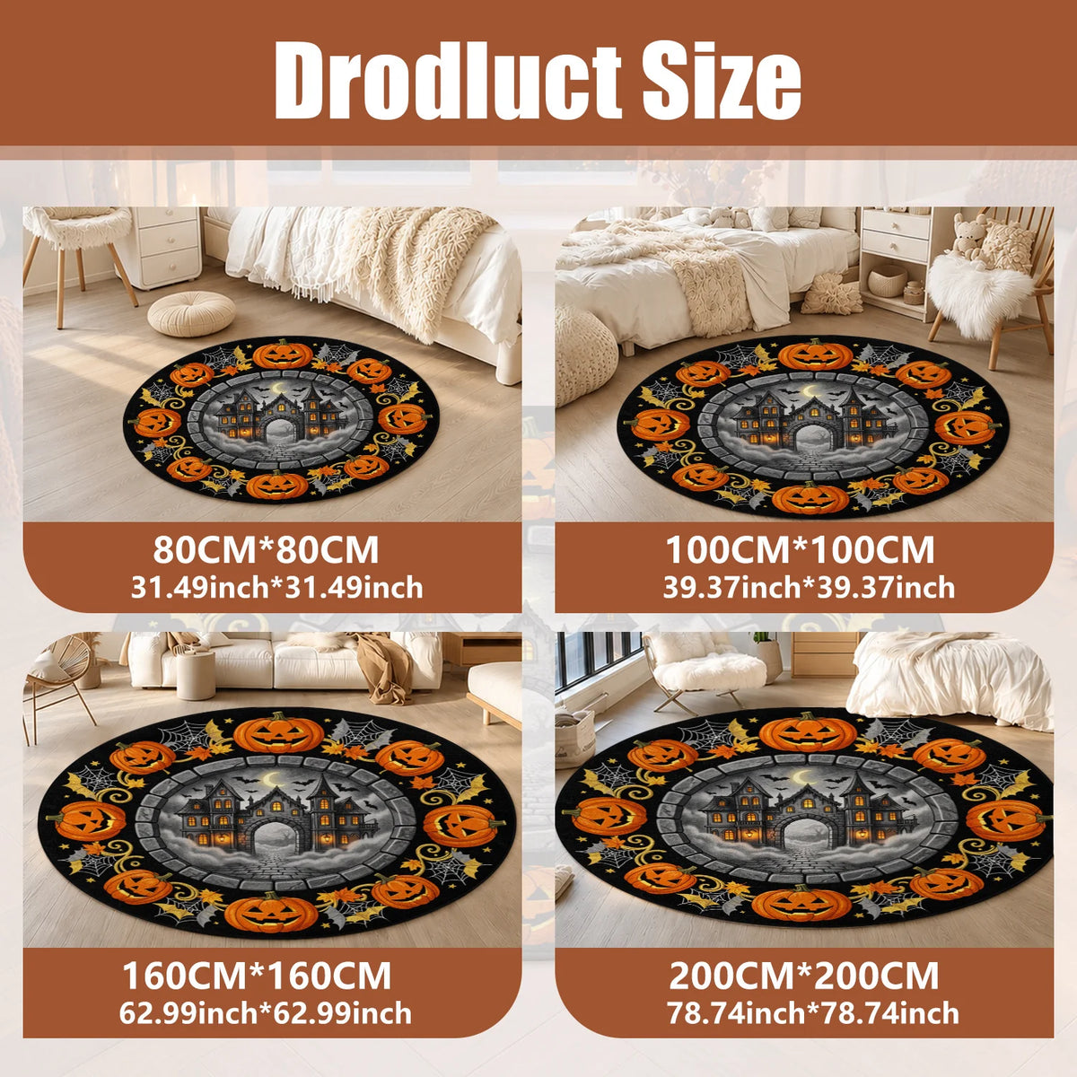 Halloween Pumpkin Haunted House Round Velvet Rug Machine Washable For Home