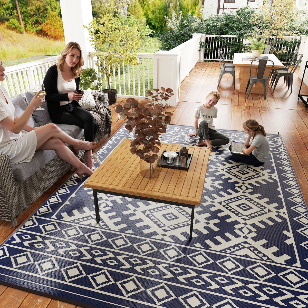 Outsunny Geometric Outdoor Polypropylene Area Rug With Rhombus Border