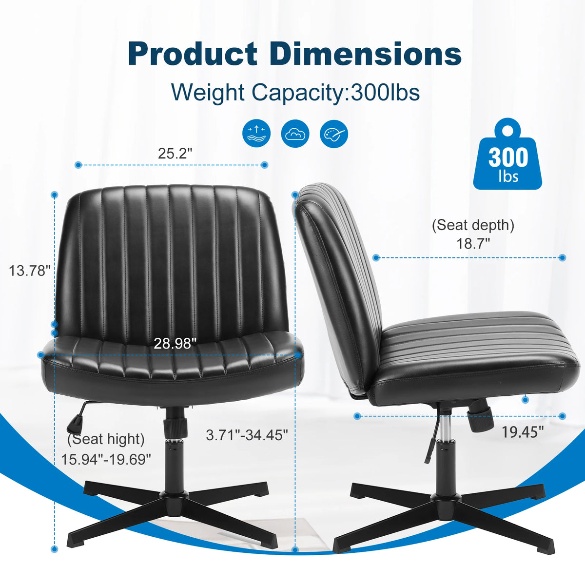 MCQ Ergonomic Armless Office Chair With Adjustable Height Padded Backrest