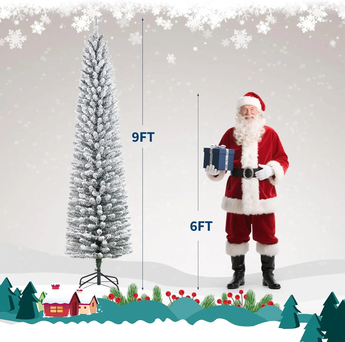 Tall Slim Artificial Pencil Christmas Tree with Snow Flocking Realistic Mixed PVC Branches Space-Saving Holiday Decoration