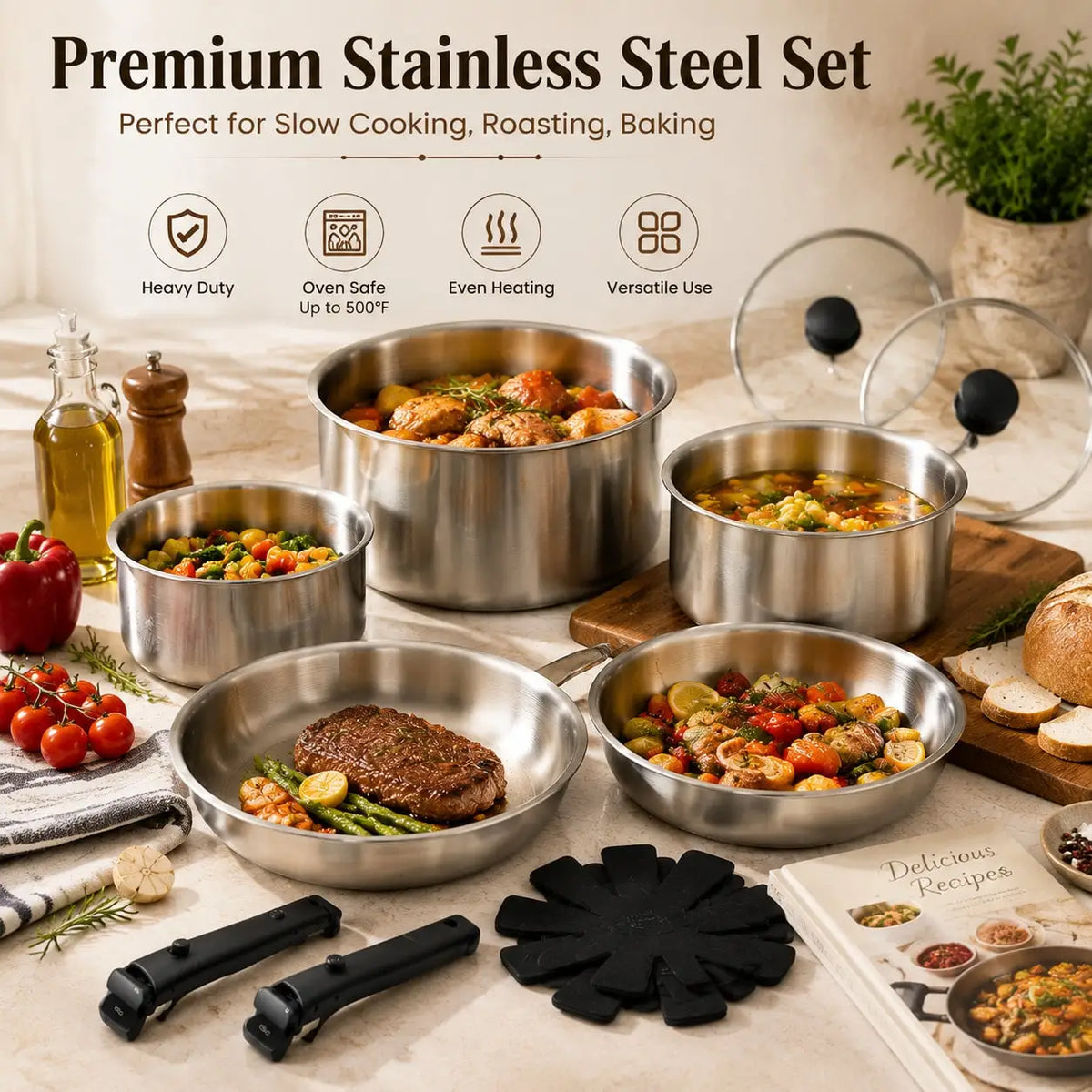 Premium 13PCS Nonstick Cookware Set With Detachable Handles, Matte Black Stackable Pots And Pans Set For Modern Kitchen, RV Camping, Induction Compatible Cooking Set(304 Stainless Steel) sh260805145768381269248