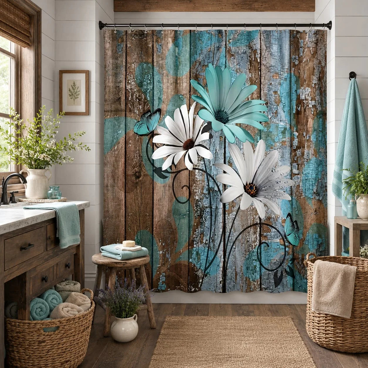 Farmhouse Floral Garden Shower Curtain with Hooks for Rustic Bathrooms
